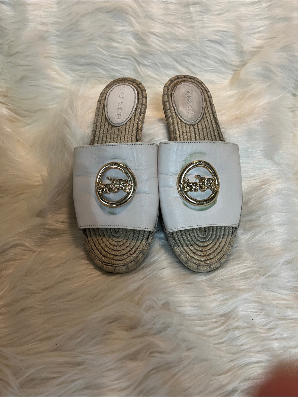 Coach White Leather Slide Mules with Gold Logo Medallions